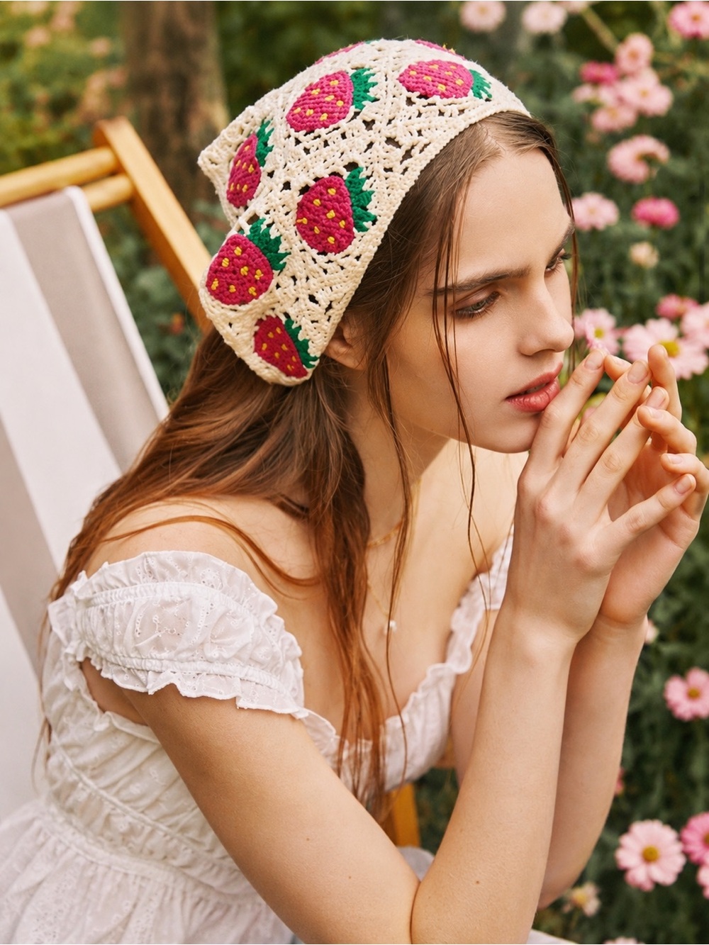 Sunday State Strawberry Crochet Bonnet Headscarf Coquette NWT
